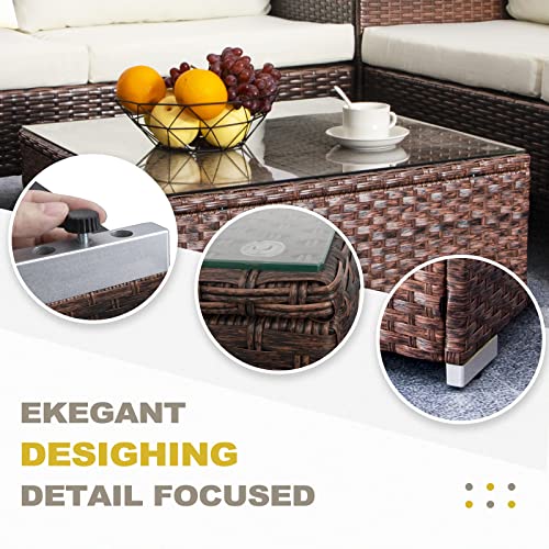 Outdoor Wicker Coffee Table with Glass Top, 25.2in Mixed Brown S68689