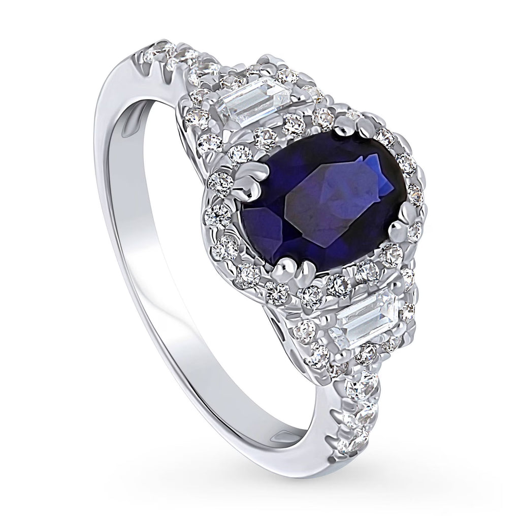 Sterling Silver Simulated Blue Sapphire Cubic Zirconia Halo Ring, Rhodium Plated Size 6 D8941