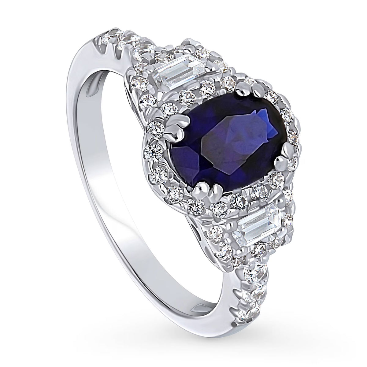 Sterling Silver Simulated Blue Sapphire Cubic Zirconia Halo Ring, Rhodium Plated Size 6 D8941