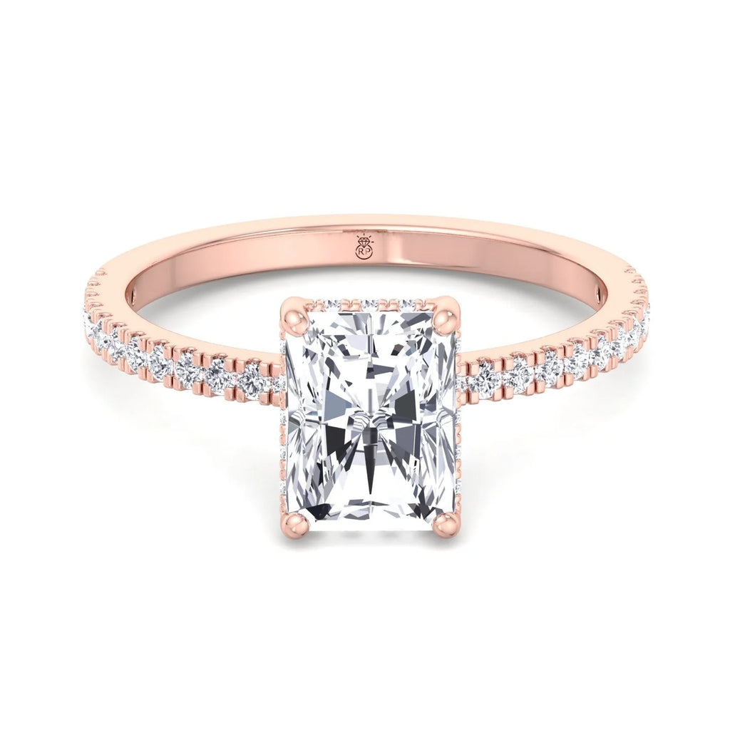 Moissanite Radiant Cut Lab Diamond Hidden Halo Engagement Ring with Pavé Band R7460