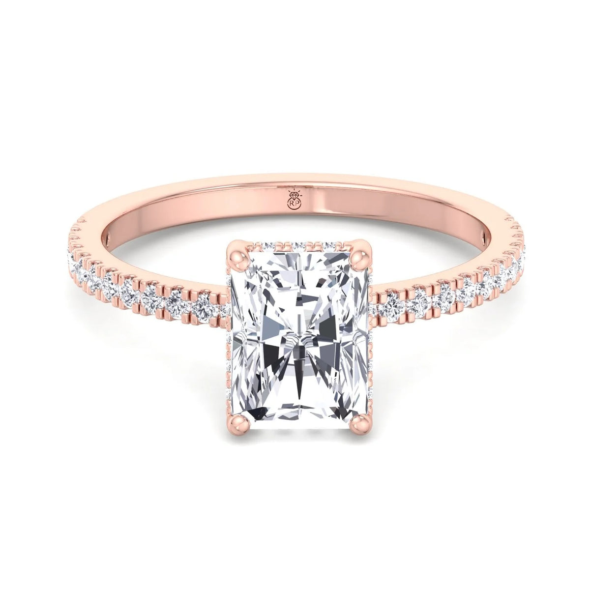 Moissanite Radiant Cut Lab Diamond Hidden Halo Engagement Ring with Pavé Band R7460