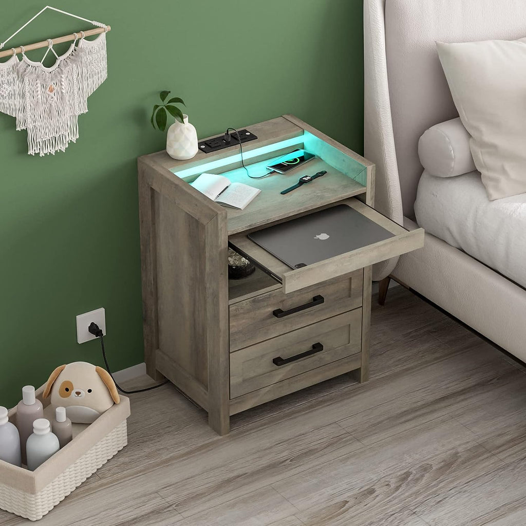 Grey Wood Nightstand with 2 Drawers and Pull-Out Shelf R3563