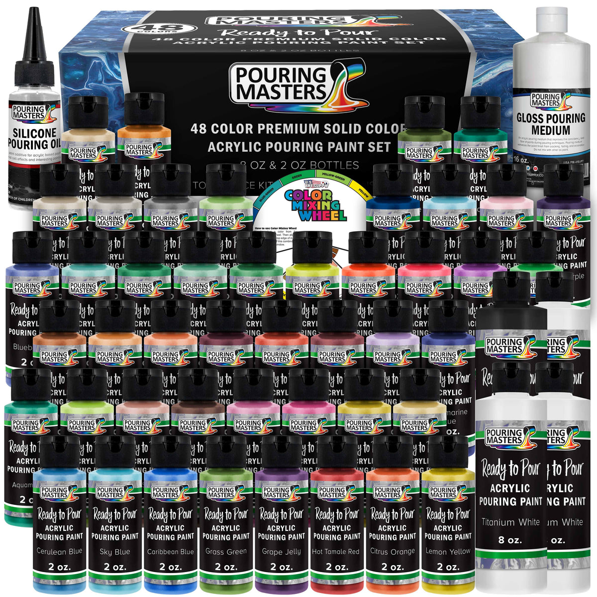 48-Color Acrylic Pouring Paint Set with Silicone Oil & Gloss Medium Z2585