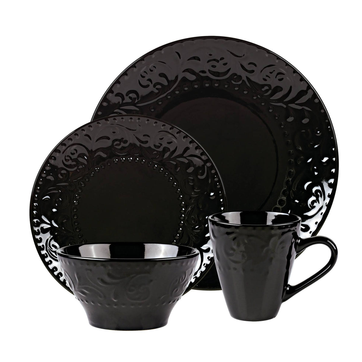16 Piece Black Stoneware Dinnerware Set Q82795