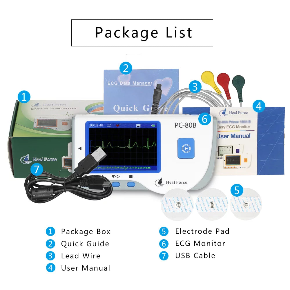 Portable ECG EKG Monitor Machine with USB Cable + Adhesive Electrode + Wires L36515