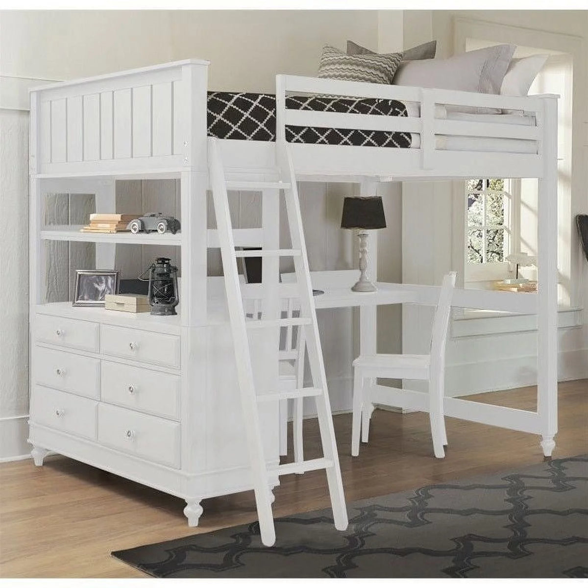White Full Loft Bed with Desk and Shelf G898992