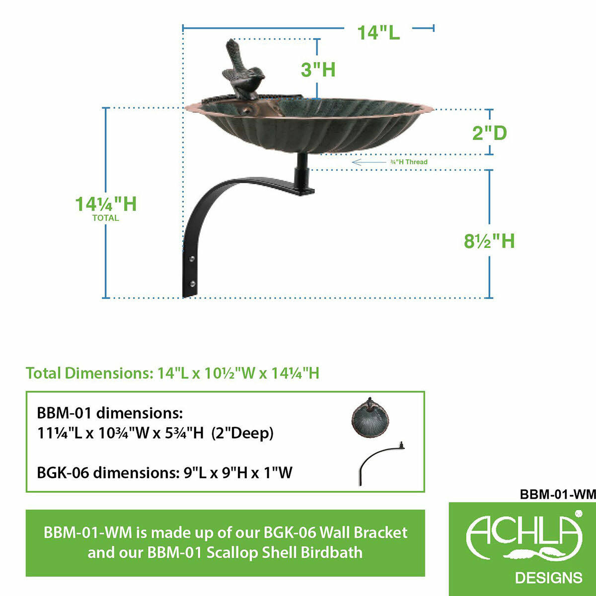 Scallop Shell Birdbath with Wall Mount Bracket S3326
