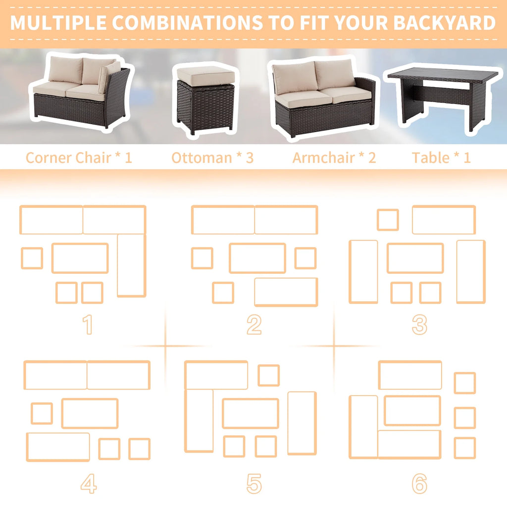 7-Piece Beige Rattan Wicker Sectional Sofa Set G61612