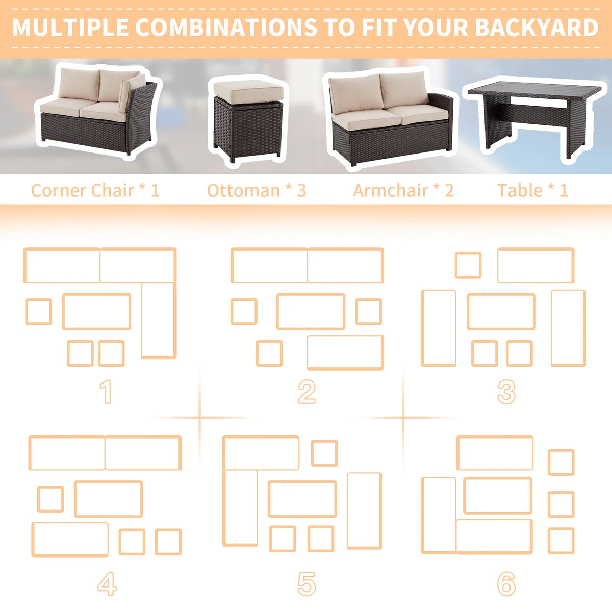 7-Piece Beige Rattan Wicker Sectional Sofa Set G61612