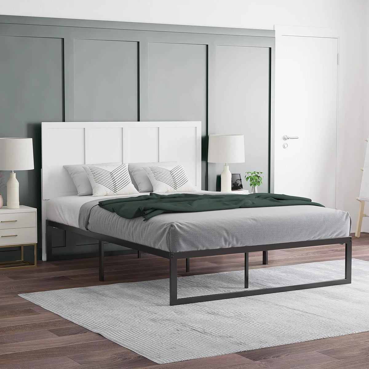 Queen Size Four Panel Wooden Adjustable Headboard In White T502391