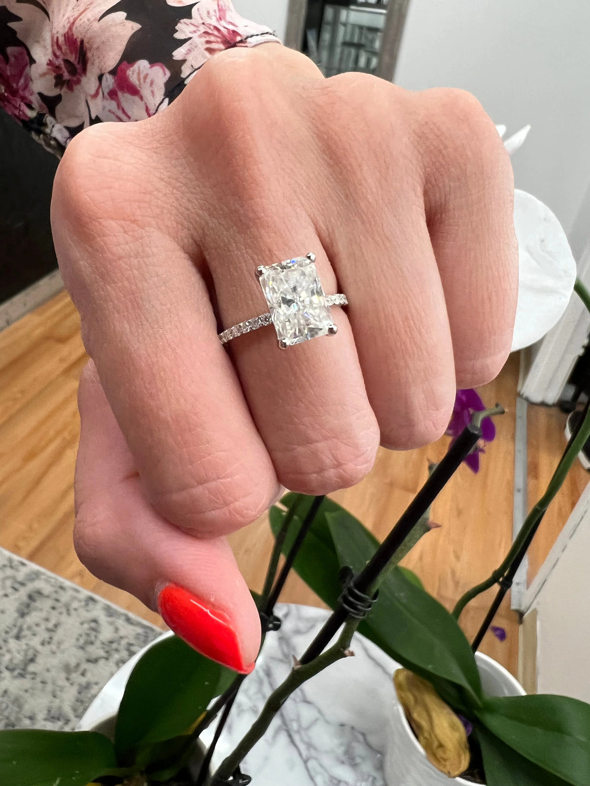 Moissanite Radiant Cut Lab Diamond Hidden Halo Engagement Ring with Pavé Band R7460