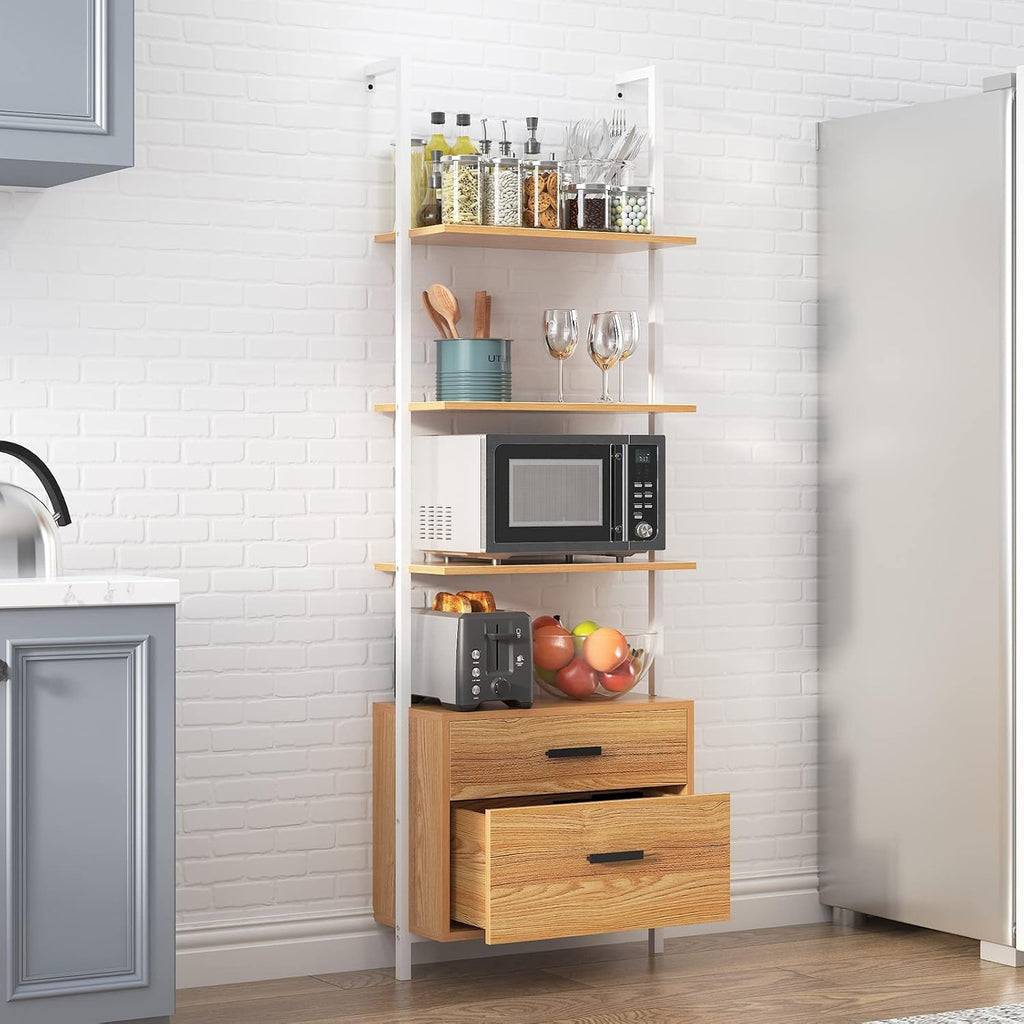 Wall-Mounted 4-Tier Ladder Shelf with Cabinet and 2 Drawers G178307