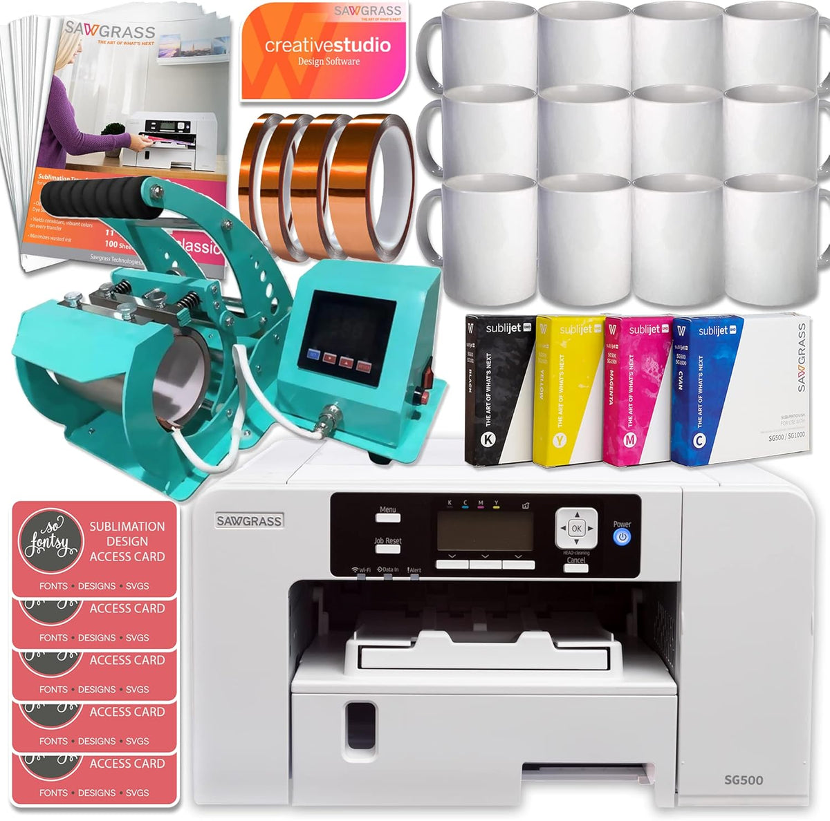 Sublimation Printer Starter Bundle with Inks, Mug Heat Press, Sublimation Paper, Tape, Blanks, Designs and Accessories W38738