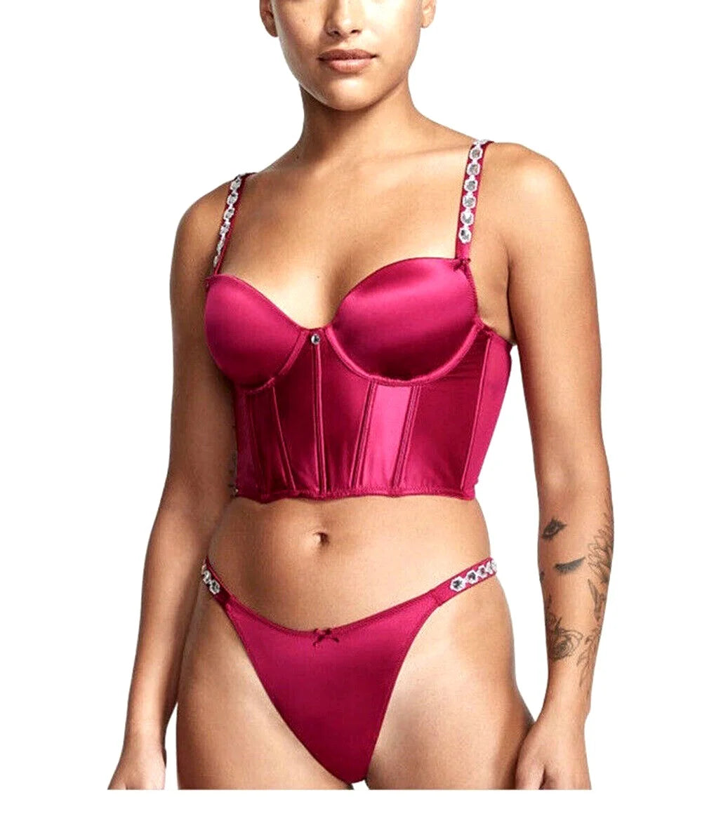 Bejeweled Satin Corset Top with Thong 2 Piece Set 36C Medium L63741