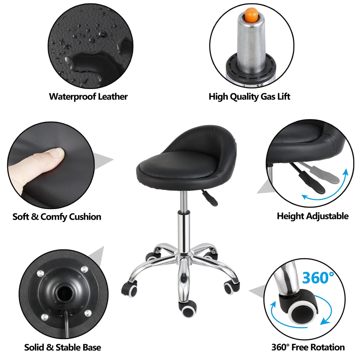 Swivel Rolling Stool on Wheels PU Leather Black O1414