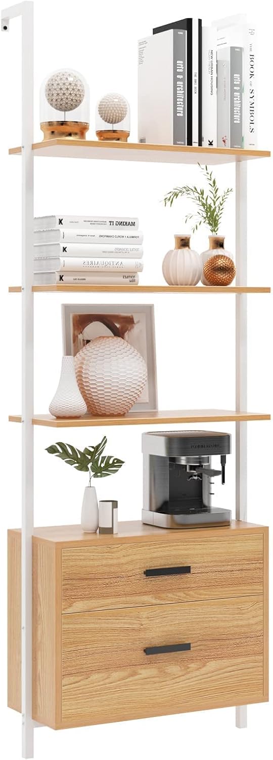 Wall-Mounted 4-Tier Ladder Shelf with Cabinet and 2 Drawers G178307