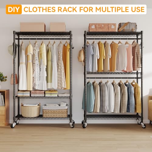 Black Heavy Duty Rolling Garment Rack with Wheels Double Hanging Rods L16388