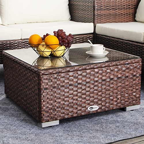 Outdoor Wicker Coffee Table with Glass Top, 25.2in Mixed Brown S68689