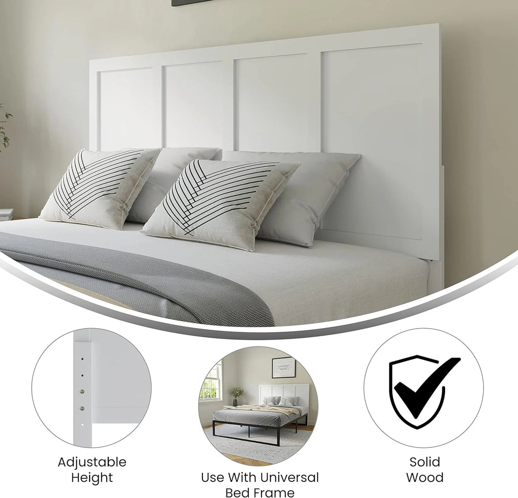 Queen Size Four Panel Wooden Adjustable Headboard In White T502391