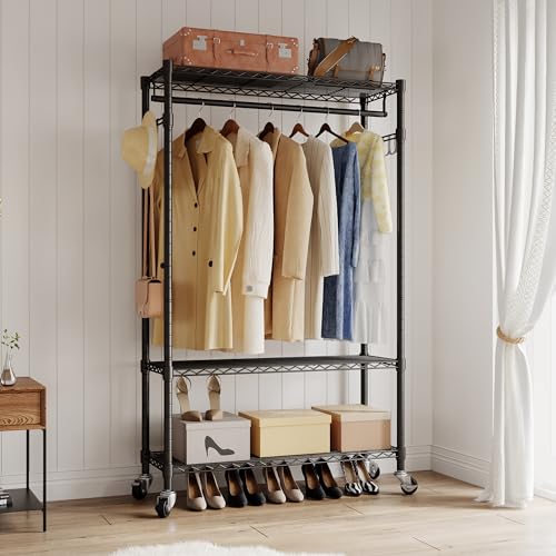 Black Heavy Duty Rolling Garment Rack with Wheels Double Hanging Rods L16388