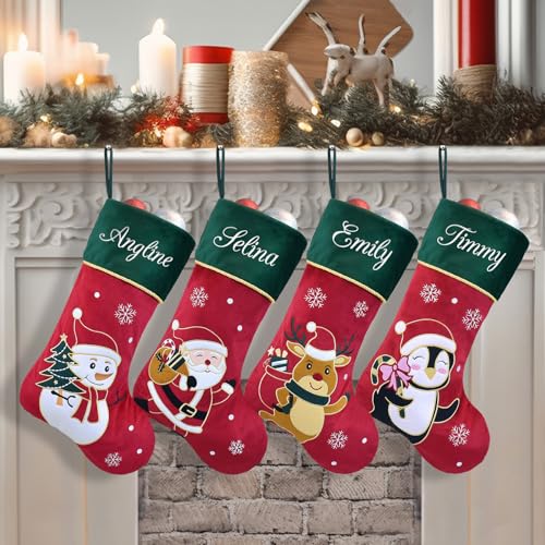 Red Velvet Penguin Christmas Stockings with Green Cuff Y20375