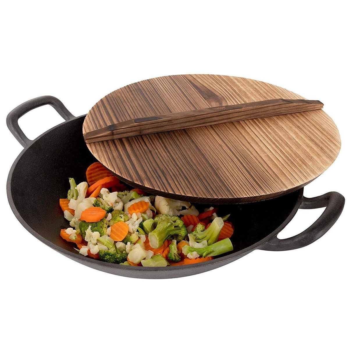 Pre-Seasoned Cast Iron Wok with Wooden Lid (14 inches) B710852