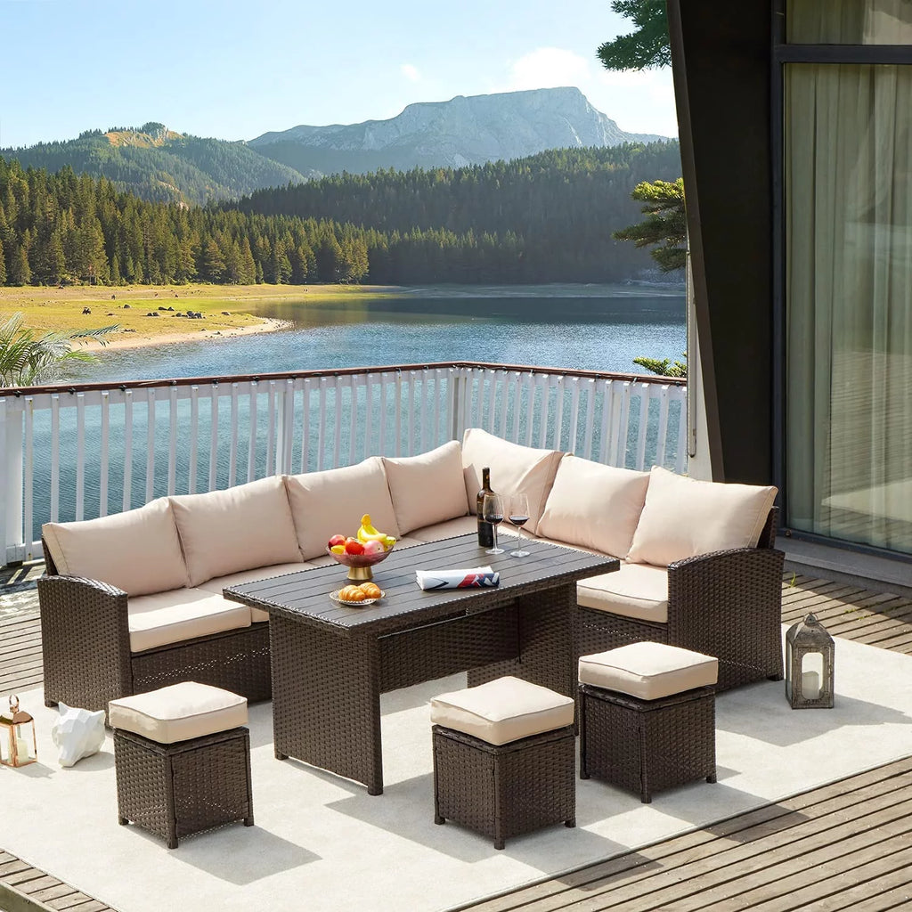 7-Piece Beige Rattan Wicker Sectional Sofa Set G61612