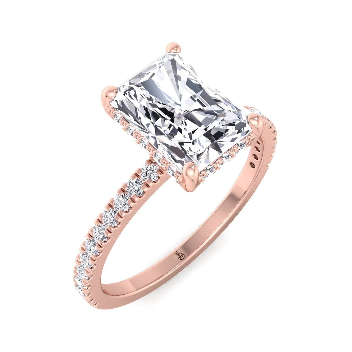 Moissanite Radiant Cut Lab Diamond Hidden Halo Engagement Ring with Pavé Band R7460