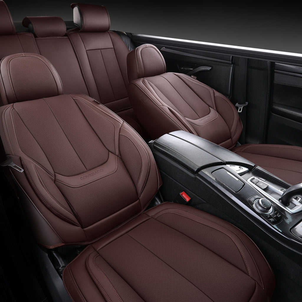 Brown Leather Rear Seat Covers Set, Waterproof Universal Fit V415720