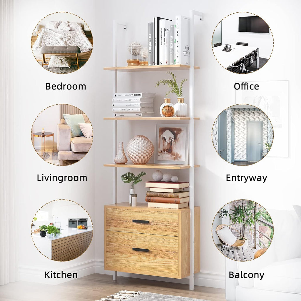 Wall-Mounted 4-Tier Ladder Shelf with Cabinet and 2 Drawers G178307