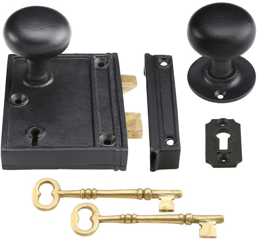 Cast Iron Vertical Rim Lock Set with Small Iron Knobs in Matte Black W34098