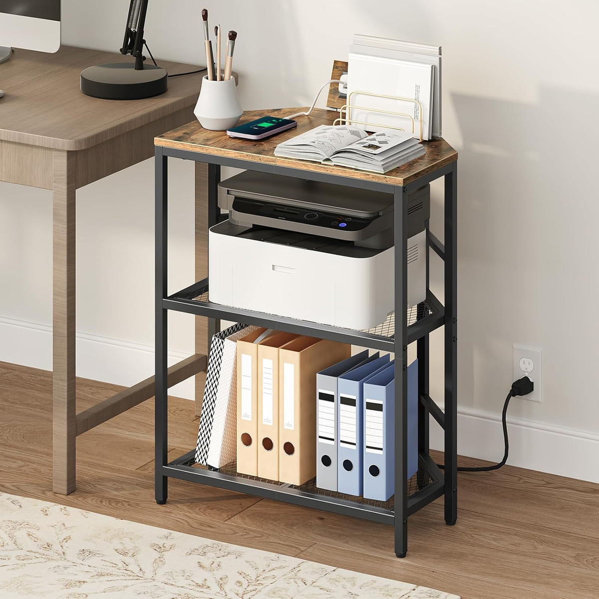 Rustic Brown 3-Tier Metal Frame Printer Stand with Storage Shelf X4971