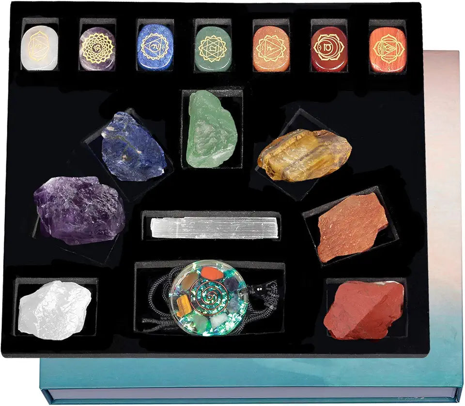 7 Raw Chakra Stones Selenite Crystal Wand Orgone Pendant Necklace Crystal Healing Set R275