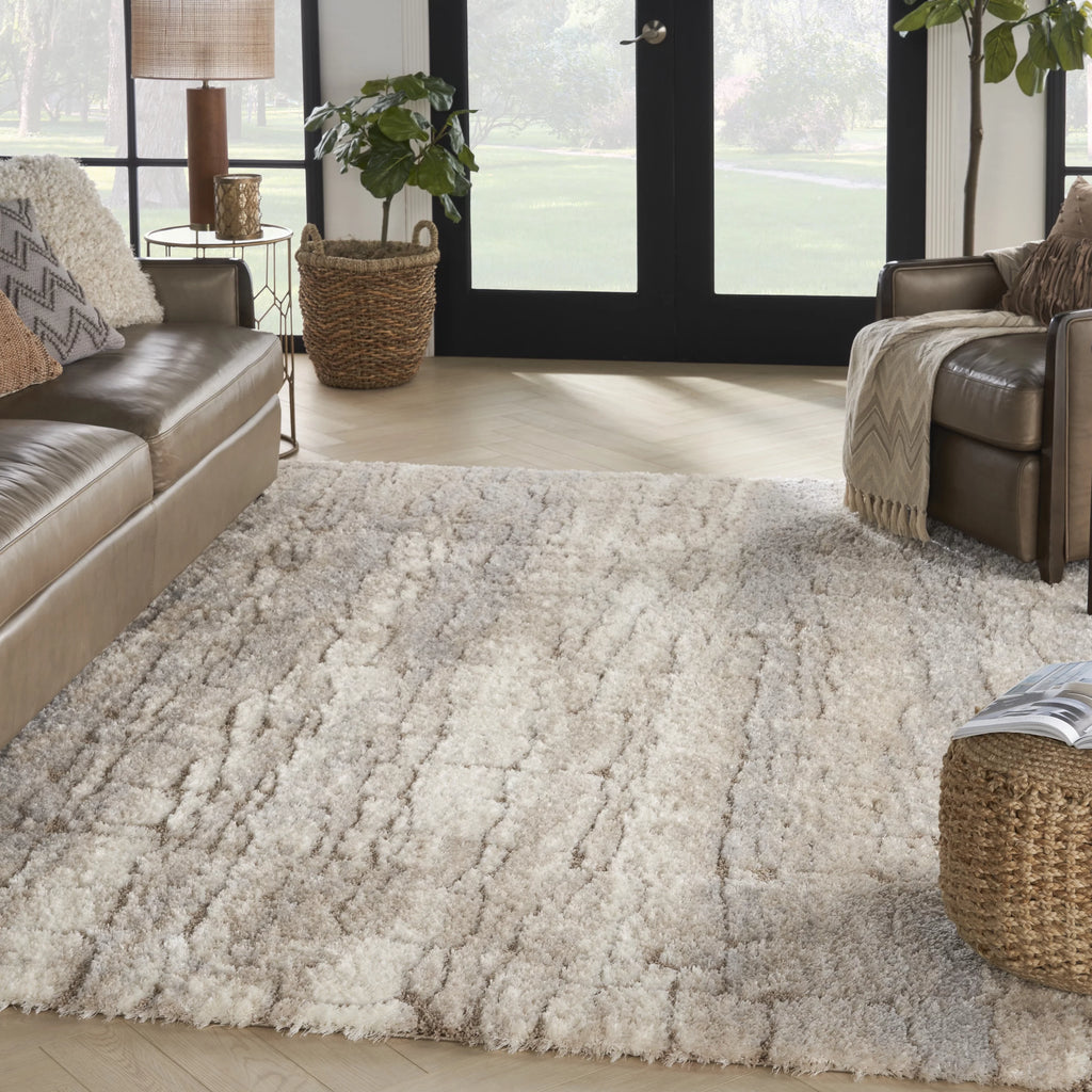 Ivory Beige Abstract Shag Area Rug 7'10" x 9'10" E513