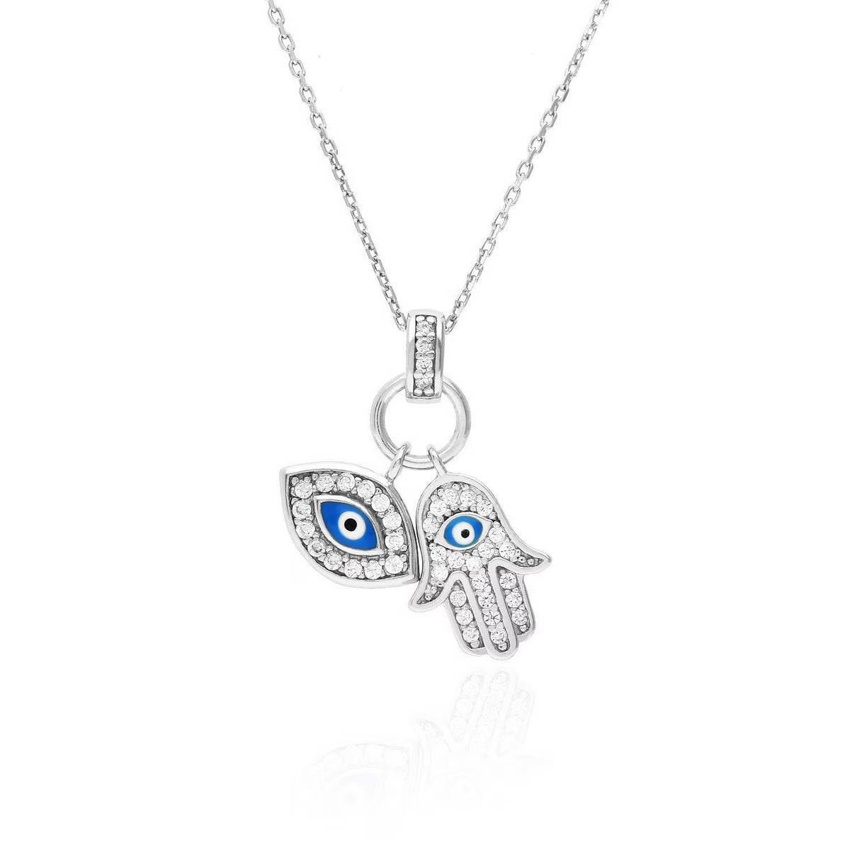 14K Gold Over Silver Simulated Diamond Evil Eye Hamsa Charm Pendant Necklace 18" S3988