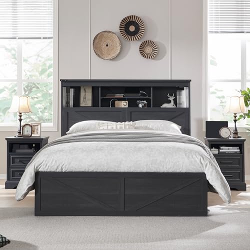 King Size Wood Bed Frame with Storage Headboard and 4 Drawers S3175