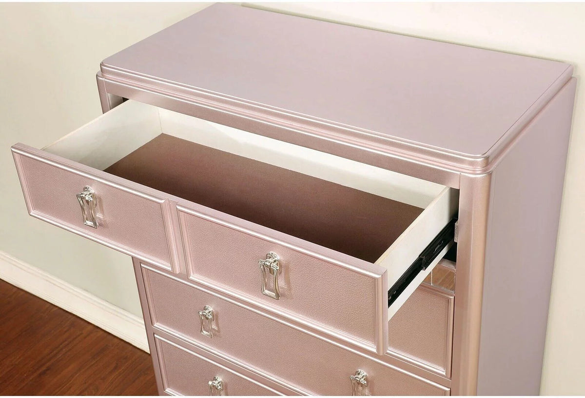 Rose Gold Twin Size Bed 6pc Set Dresser Mirror Nightstand Chest J68673