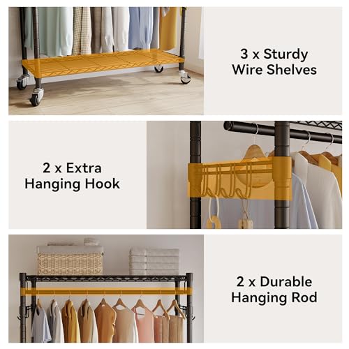 Black Heavy Duty Rolling Garment Rack with Wheels Double Hanging Rods L16388