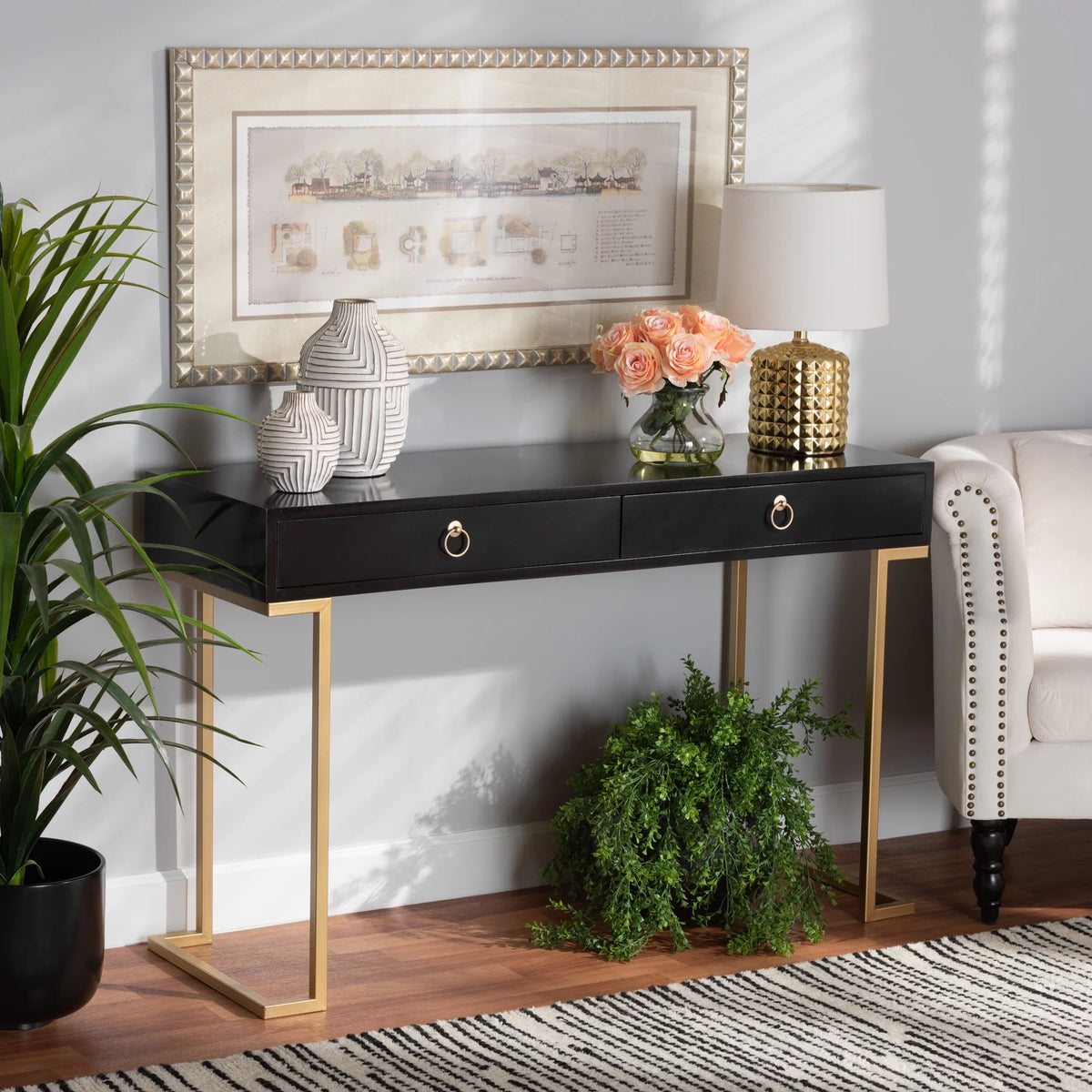 Modern Wood and Metal 2 Drawer Console Table Y7383