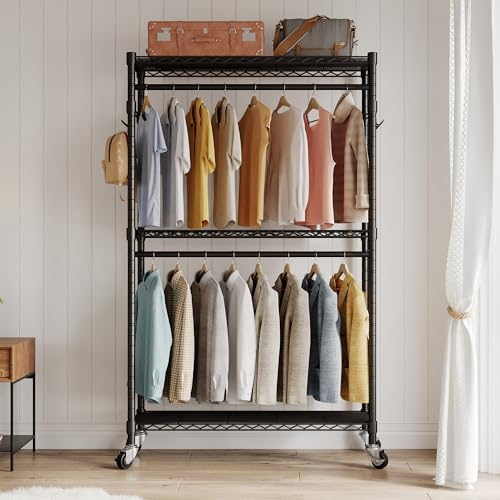 Black Heavy Duty Rolling Garment Rack with Wheels Double Hanging Rods L16388