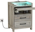 Grey Wood Nightstand with 2 Drawers and Pull-Out Shelf R3563