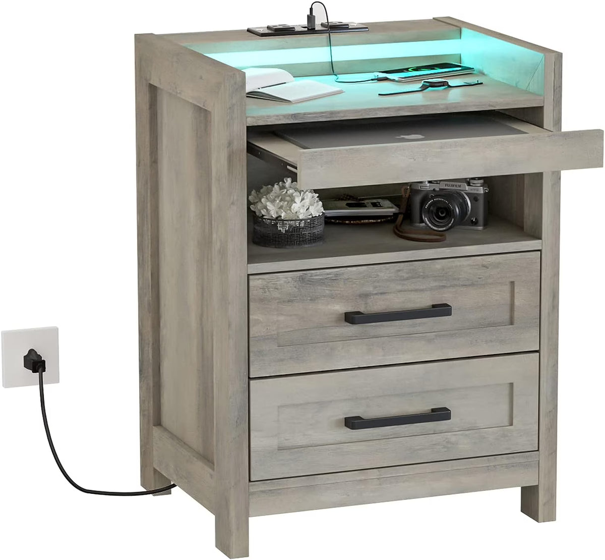 Grey Wood Nightstand with 2 Drawers and Pull-Out Shelf R3563