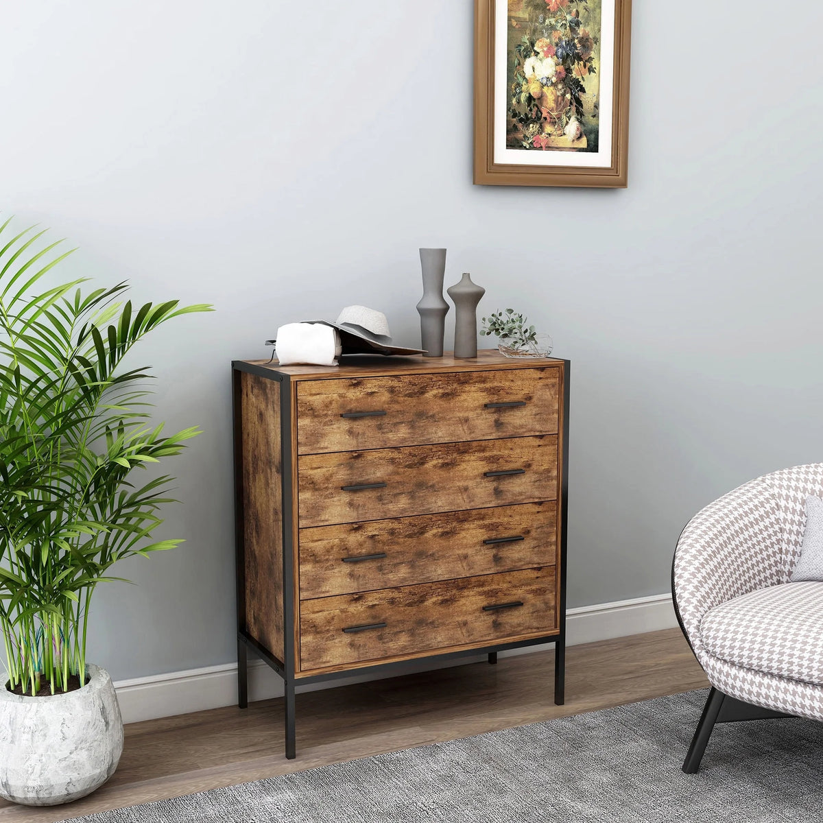 Rustic Brown 4 Drawer Wood Dresser U190954