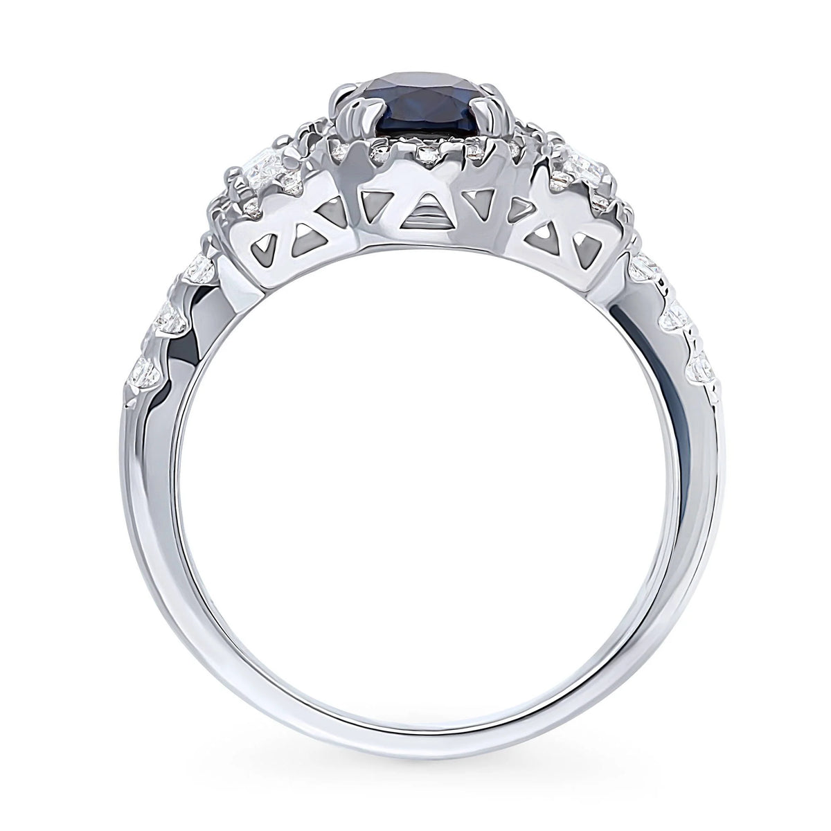Sterling Silver Simulated Blue Sapphire Cubic Zirconia Halo Ring, Rhodium Plated Size 6 D8941