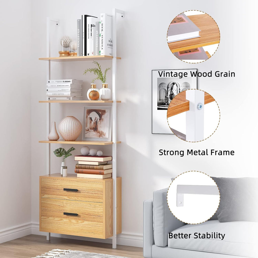 Wall-Mounted 4-Tier Ladder Shelf with Cabinet and 2 Drawers G178307