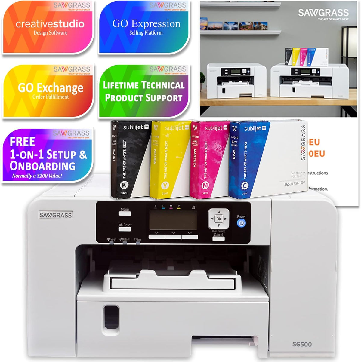 Sublimation Printer Starter Bundle with Inks, Mug Heat Press, Sublimation Paper, Tape, Blanks, Designs and Accessories W38738
