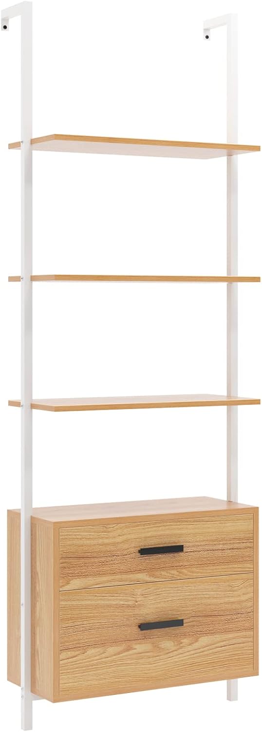 Wall-Mounted 4-Tier Ladder Shelf with Cabinet and 2 Drawers G178307