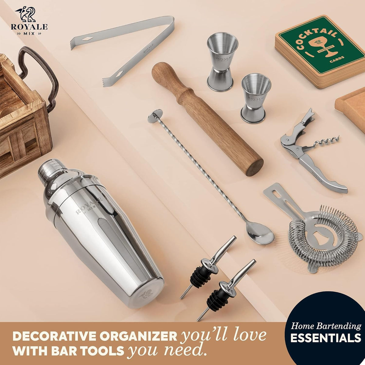 12 Piece Stainless Steel Bartender Kit with Wooden Stand R8236