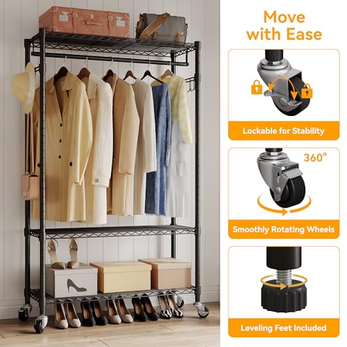 Black Heavy Duty Rolling Garment Rack with Wheels Double Hanging Rods L16388