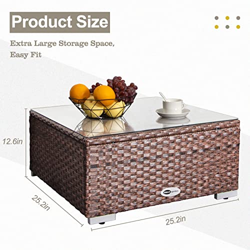 Outdoor Wicker Coffee Table with Glass Top, 25.2in Mixed Brown S68689